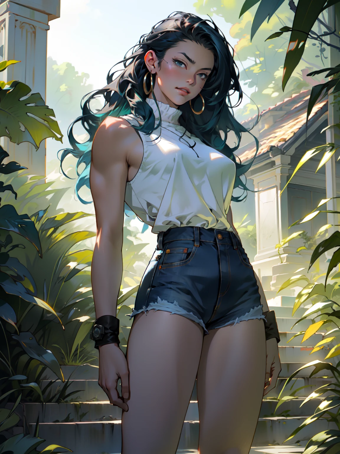 ((Best quality)), ((masterpiece)), ((realistic)), ((beautiful female martial artist)), (milf:1.3), (arrogant woman:1.4) standing tall, her slender form glistening in the golden rays of a summer sunrise. Her eyes, a captivating shade of emerald, pierce through the tranquility of the morning. Her fiery blue hair cascades, contrasting with the vibrant green of the surrounding foliage. With each step, her muscular thighs and perfect muscular long legs portray a sense of power and grace. The tranquil scene unfolds, capturing a moment of raw beauty and confidence on eye level, scenic, masterpiece, (bare torso:1.1), abs, (female focus:1.5), very muscular ripped body, ultra sharp, (sexual suggestive)), (Denim shorts:1.1), very thin waist, huge hips, (nordic girl:1.3)