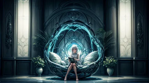 "Generate a compelling and imaginative scene，A young girl in a futuristic biomorphic living room. The living room should have an...