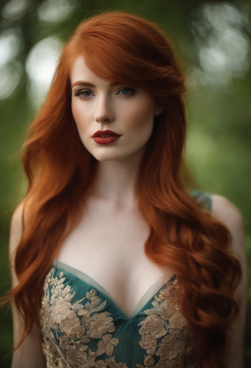 A woman with long red hair and a dress posing for a picture - SeaArt AI