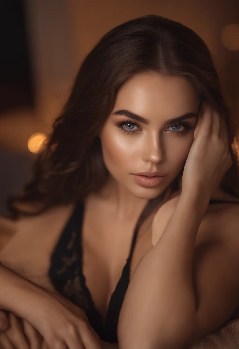 arafed woman fully , sexy girl with brown eyes, ultra realistic, meticulously detailed, portrait sophie mudd, brown hair and large eyes, selfie of a young woman, dubai eyes, violet myers, without makeup, natural makeup, looking directly at the camera, face with artgram, subtle makeup, stunning full body shot kneeling on bed, in bedroom, medium to large size bust, posing in a club