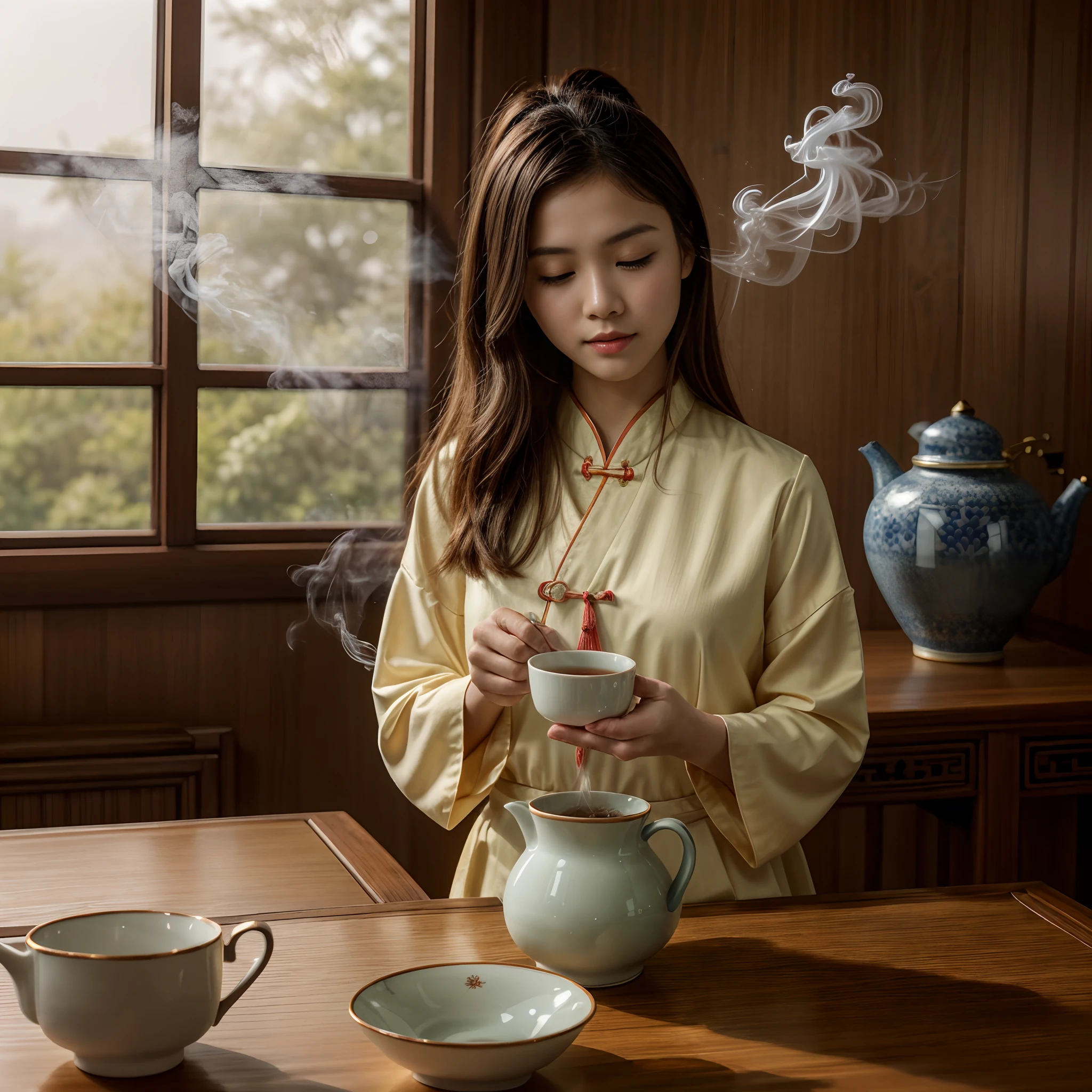 (傑作, 最高品質), 1人の女の子, 全身, 顔, 足, 中国の女の子のドキュメンタリー写真は、お茶の儀式に熱心である典型的な伝統的な中国のドレスを着ています. 急須から湯気の立つお茶をカップに注ぐ. 典型的な古い中国の部屋, 空気中の煙, 非常に拡散した光, 官能的な動き, 緑_目, 赤い唇, 口を少し開ける, closed 目, やわらかい光, 高解像度の写真, 詳細な, (非常に詳細な肌:1.2), 16k, 細部までこだわった. 超高解像度.写実的な:1.4, 超高解像度, デジタル一眼レフ, やわらかい光ing, 高品質, グレインカラーフィルム, 富士フイルムXT3, ローアングルの視点