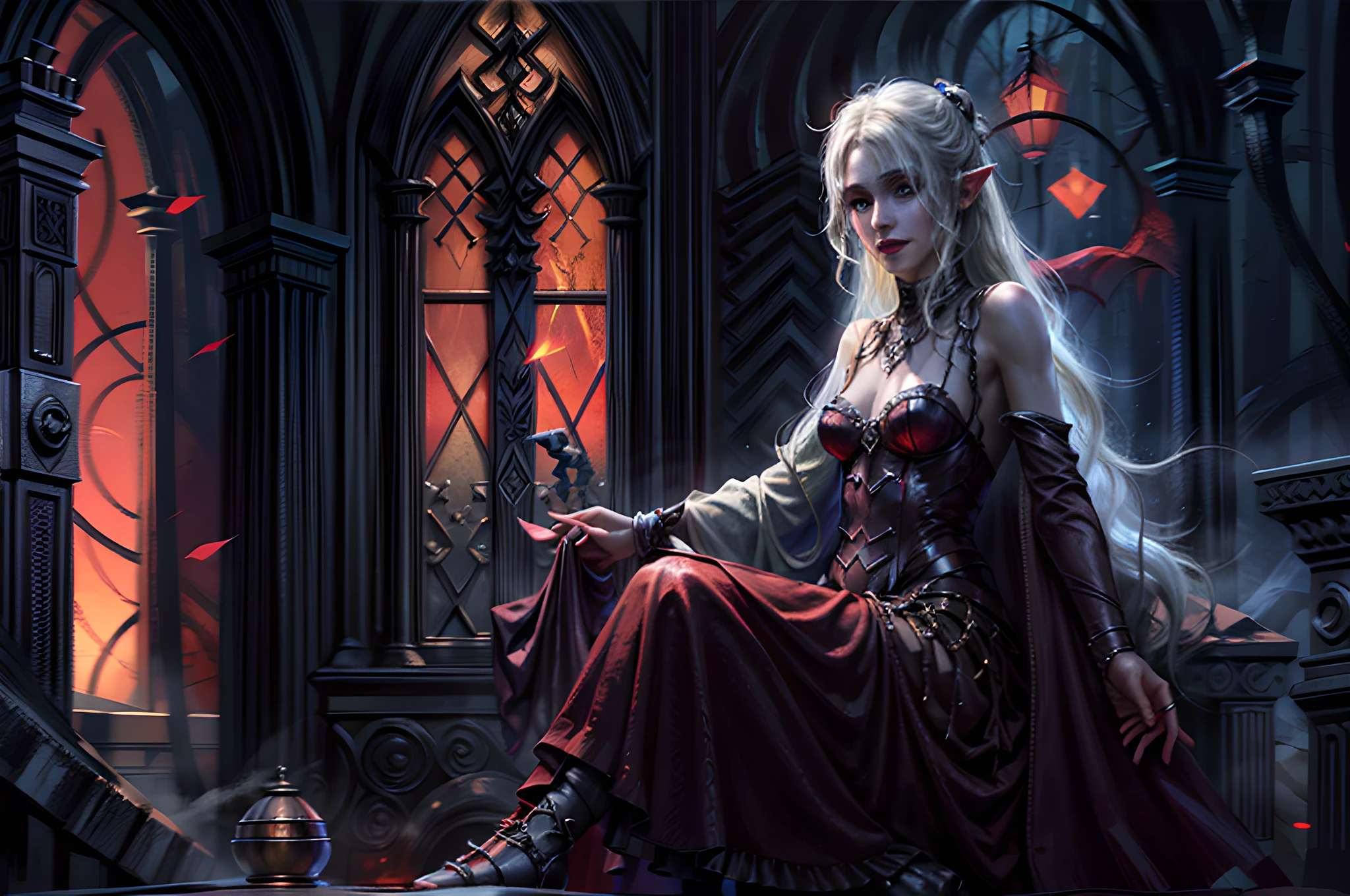 a picture of vampire elf in her castle, an exquisite beautiful female vampire elf in her library,  full body (ultra detailed, Masterpiece, best quality), ultra detailed face (ultra detailed, Masterpiece, best quality), (orange skin: 1.3) , blond hair, hair in a ponytail, long hair, blue eyes, cold eyes, glowing eyes, intense eyes,  small pointed ears, smirking, smile with [drops of blood on face] (ultra detailed, Masterpiece, best quality), dark red lips, [vampire fangs], wearing white dress (ultra detailed, Masterpiece, best quality), dark blue cloak, high heeled boots in dark fantasy library, book shelves, high details, best quality, 8k, [ultra detailed], masterpiece, best quality, (ultra detailed), full body, ultra wide shot, photorealism, luis royo style, dark fantasy art, moon light coming through the window, moon rays, gothic art, sense of dread, sense of seduction, zrpgstyle