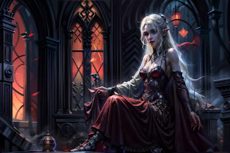 a picture of vampire elf in her castle, an exquisite beautiful female vampire elf in her library,  full body (ultra detailed, ma...