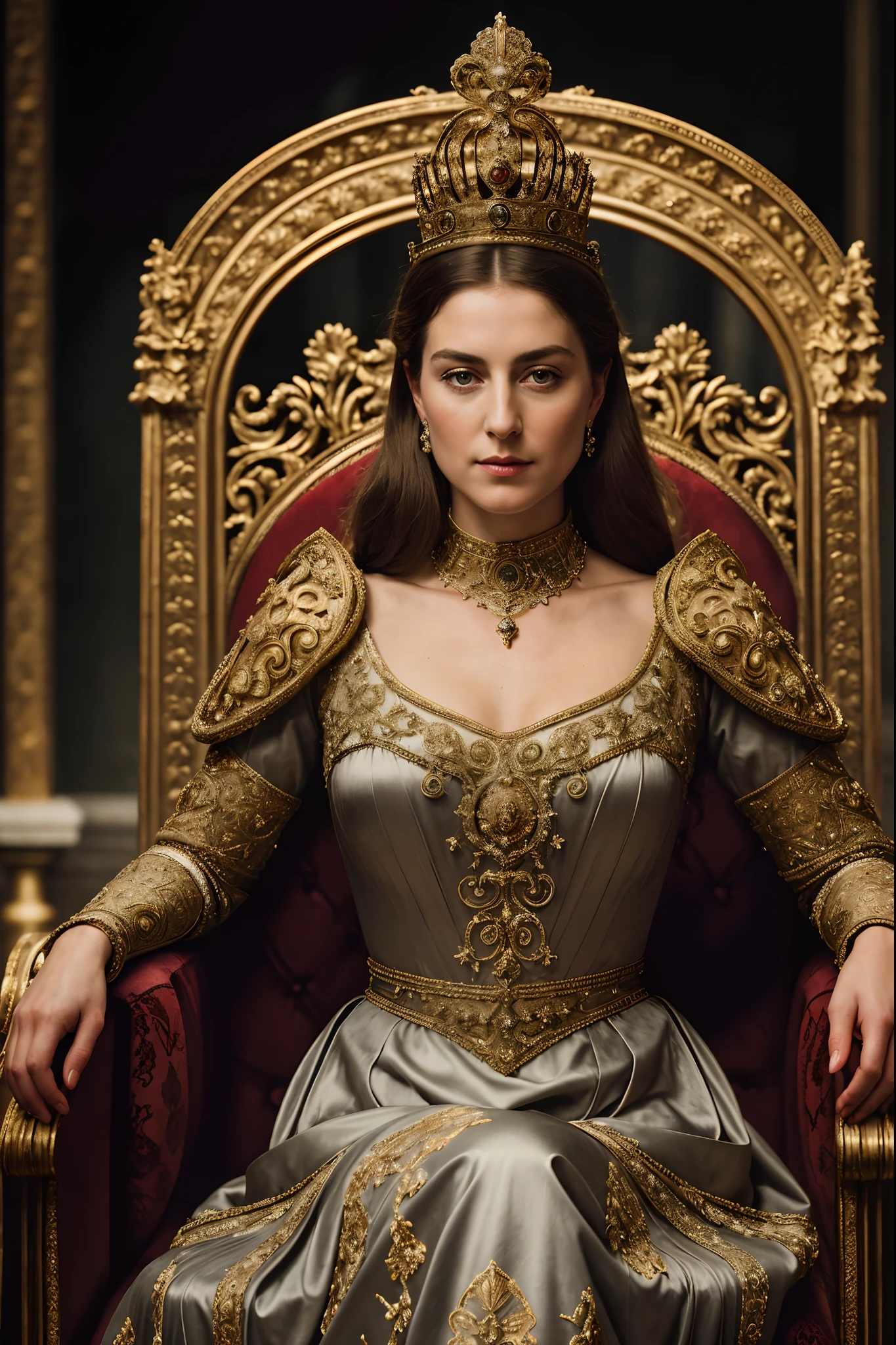 (걸작), (극도로 복잡하다:1.3), (현실적인), 알렉산드라 여왕의 초상화, 세상에서 가장 아름다운 여왕, 그녀의 왕좌에 앉아, 궁전, (중세 갑옷), 금속 반사, 상체, 멋진 여성의 전문적인 사진, 날카로운 초점, 극적인, 수상 경력, 시네마틱 조명, 옥탄 렌더 언리얼 엔진,  체적 dtx,
