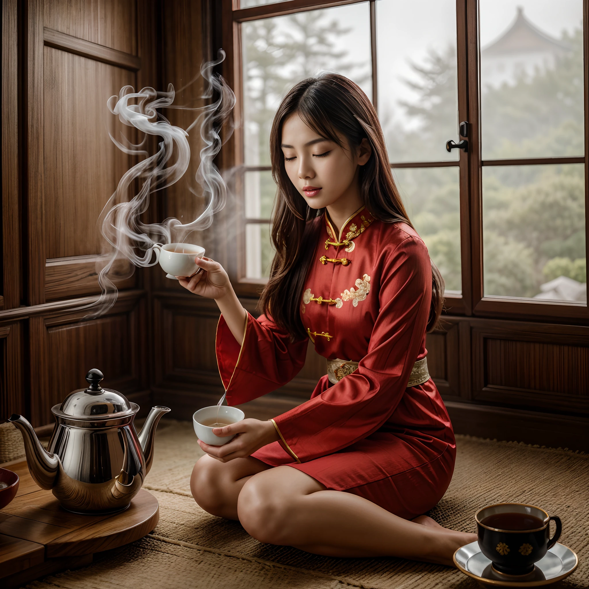(ผลงานชิ้นเอก, คุณภาพดีที่สุด), 1สาว, เต็มตัว, ใบหน้า, เท้า, ภาพสารคดีสาวจีนสวมชุดจีนแบบดั้งเดิมที่มีความตั้งใจในพิธีชงชา. เธอเทชานึ่งลงในถ้วยจากกาน้ำชา. ห้องจีนโบราณทั่วไป, ควันในอากาศ, แสงกระจายมาก, การเคลื่อนไหวทางราคะ, สีเขียว_ดวงตา, ริมฝีปากสีแดง, อ้าปากเล็กน้อย, closed ดวงตา, แสงอ่อน, ภาพถ่ายความละเอียดสูง, มีรายละเอียดสูง, (ผิวที่มีรายละเอียดสูง:1.2), 16ก, รายละเอียดสูง. ความละเอียดสูงพิเศษ.เหมือนจริง:1.4, ยูเอชดี, DSLR, แสงอ่อนing, คุณภาพสูง, ฟิล์มสีเกรน, FujifilmXT3, มุมมองมุมต่ำ