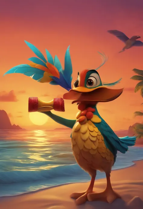 Make an Ankara Bird, He's enjoying the sunset on the beach, He's at a beach party, como Disney Cartoon, He's got a caipirinha in his hand, Pixar, ..3d, Disney