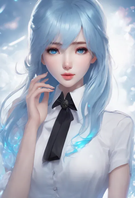 ((Masterpiece)), (Best quality), (Detailed), (1girll), (Internal data flow) Light blue gradient hair, light blue glowing eyes, Straight hair, Wearing a modern white shirt and black dress, Data particle override, Lock around the neck