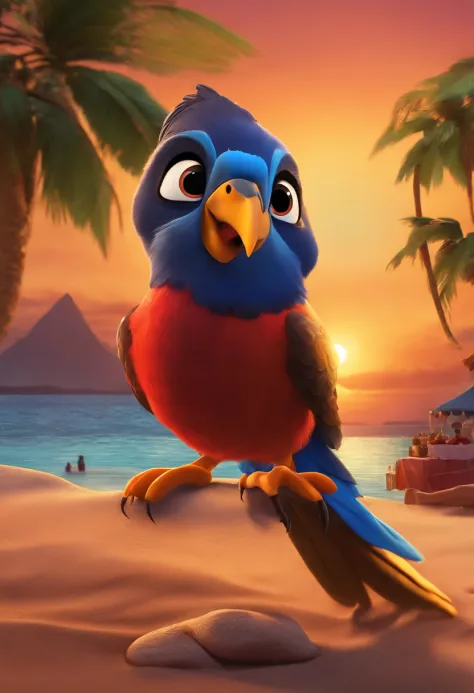 Make an icon, Make an Ankara Bird, Pássa Anumará is black, He's enjoying the sunset on the beach, He's at a beach party, como Disney Cartoon, He's got a caipirinha in his hand, Pixar, ..3d, Disney,