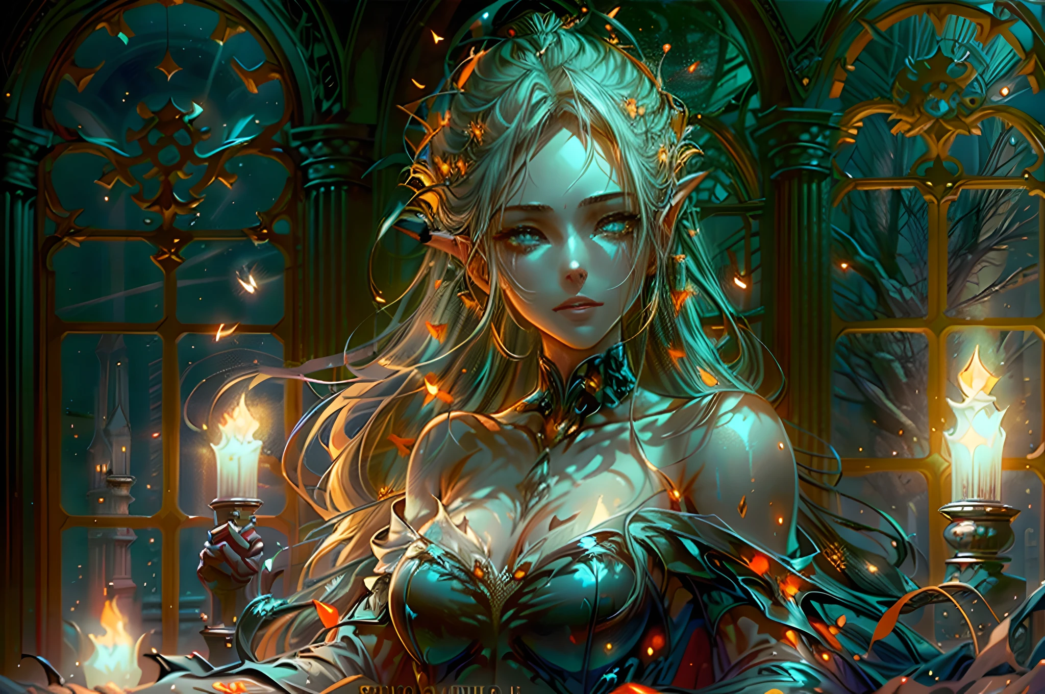 a picture of vampire in her castle, an exquisite beautiful female vampire in her library, full body (ultra detailed, Masterpiece, best quality), ultra detailed face (ultra detailed, Masterpiece, best quality), (orange skin: 1.5) , blond hair, hair in a ponytail, long hair, blue eyes, cold eyes, glowing eyes, intense eyes, small pointed ears, smirking, smile with [drops of blood on face] (ultra detailed, Masterpiece, best quality), dark red lips, [vampire fangs], wearing white dress (ultra detailed, Masterpiece, best quality), dark blue cloak, high heeled boots in dark fantasy library, book shelves, high details, best quality, 8k, [ultra detailed], masterpiece, best quality, (ultra detailed), full body, ultra wide shot, photorealism, luis royo style, dark fantasy art, moon light coming through the window, moon rays, gothic art, sense of dread, sense of seduction,