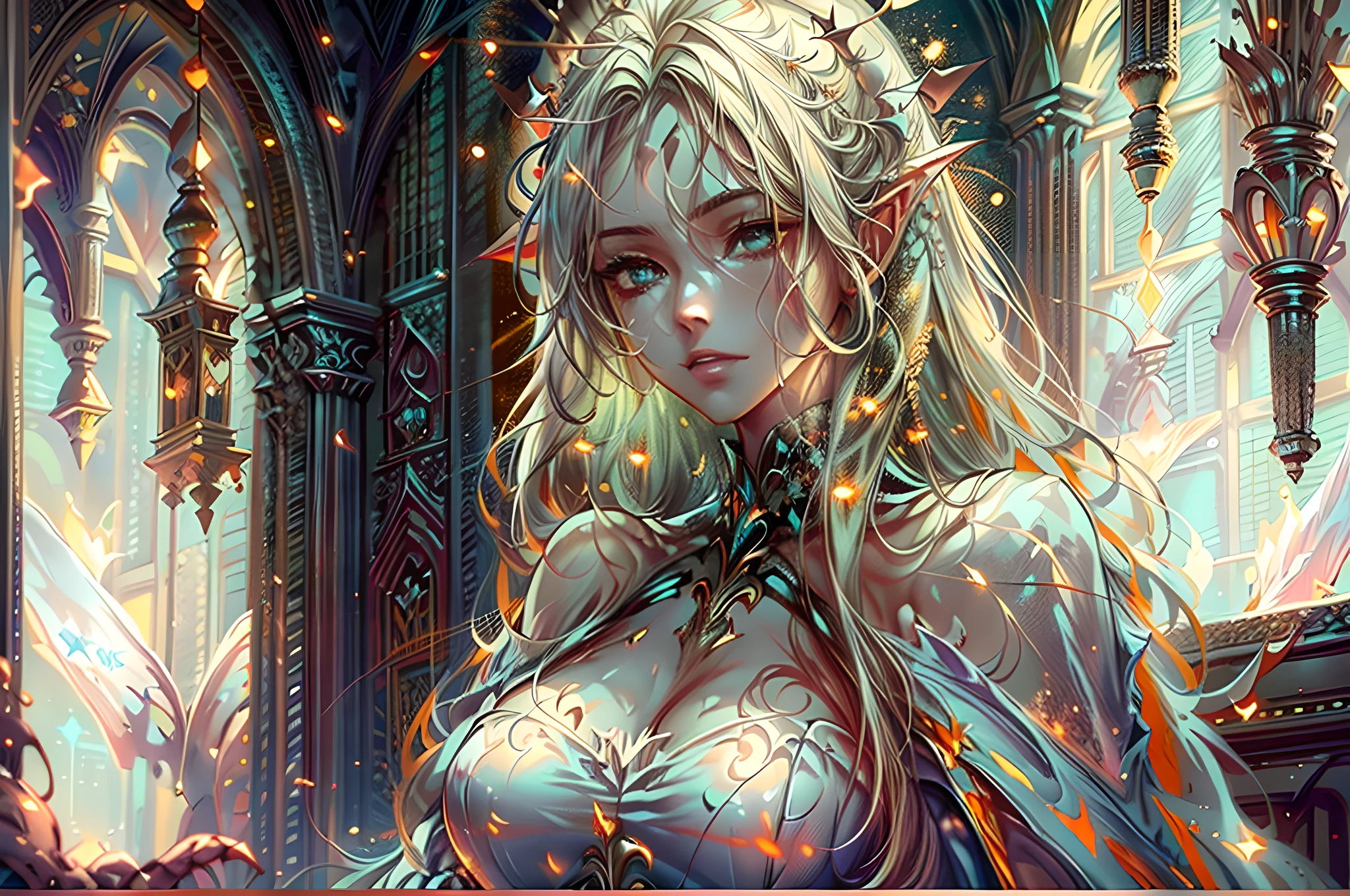 a picture of vampire in her castle, an exquisite beautiful female vampire in her library, full body (ultra detailed, Masterpiece, best quality), ultra detailed face (ultra detailed, Masterpiece, best quality), (orange skin: 1.5) , blond hair, hair in a ponytail, long hair, blue eyes, cold eyes, glowing eyes, intense eyes, small pointed ears, smirking, smile with [drops of blood on face] (ultra detailed, Masterpiece, best quality), dark red lips, [vampire fangs], wearing white dress (ultra detailed, Masterpiece, best quality), dark blue cloak, high heeled boots in dark fantasy library, book shelves, high details, best quality, 8k, [ultra detailed], masterpiece, best quality, (ultra detailed), full body, ultra wide shot, photorealism, luis royo style, dark fantasy art, moon light coming through the window, moon rays, gothic art, sense of dread, sense of seduction,