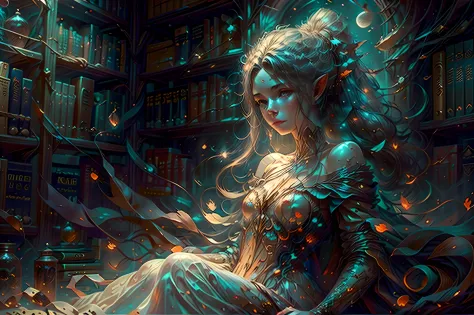 a picture of vampire elf in her castle, an exquisite beautiful female vampire elf in her library, full body (ultra detailed, mas...