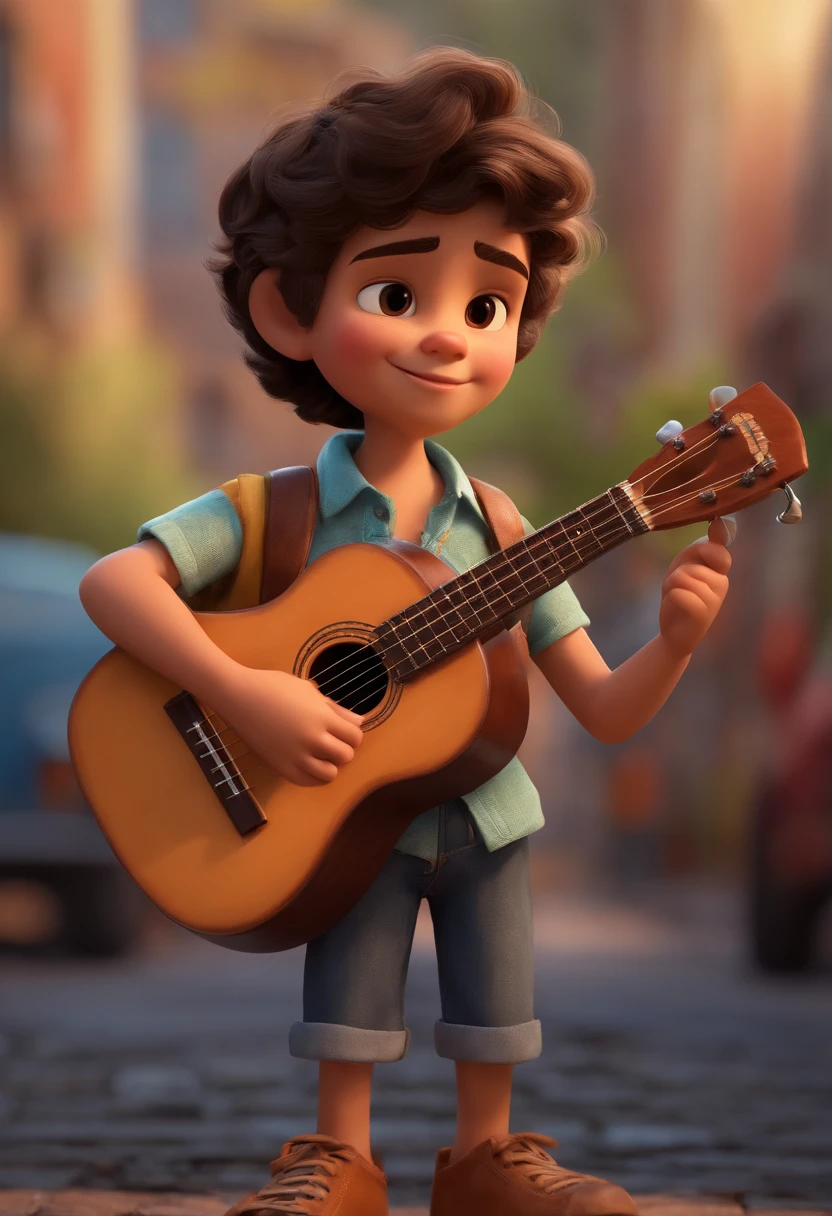 crie um banner no estilo Pixar. A boy with Brazilian features, brunette, brown with short hair, Castanhos escuros, Wavy and slightly grayish appearance, mas jovem, usando uma camiseta, Wearing jeans and holding a classic ukulele with 4 strings.