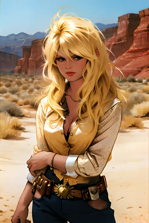 a full body portrait,of bbardot woman with dark eye makeup and blonde Bob hair style, dressed as a wild west cowboy with pistol gun, sunny, in wild west town background,