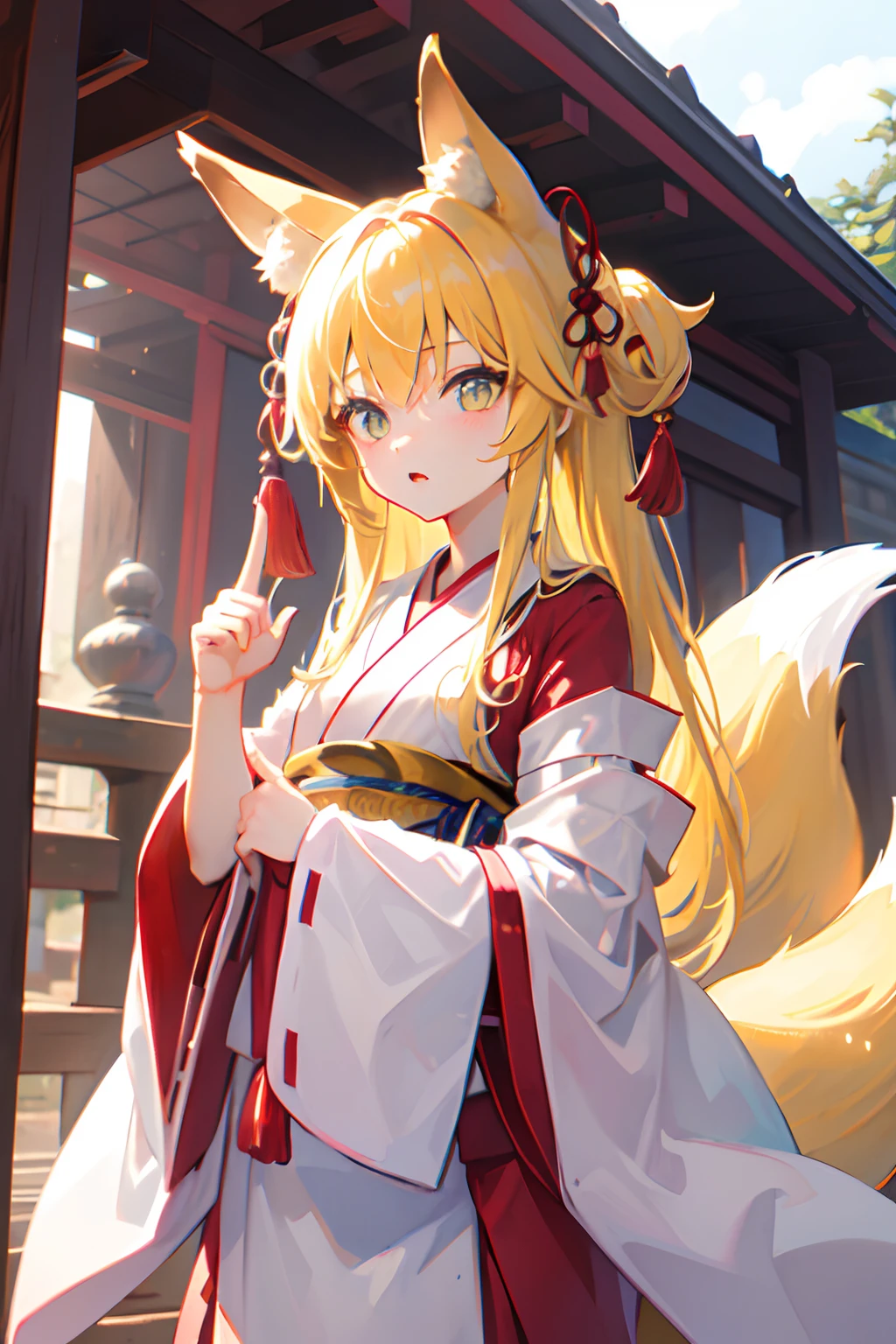 Fox ears、Fox tail、Yellow hair and eyes、shrine maiden clothe、shrines、Looks like a little girl、Bewitching、Deities々Right、Detailed finger、