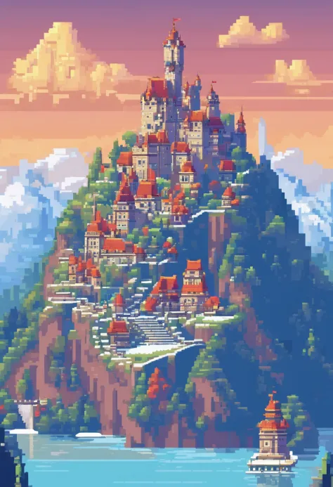 Um castelo na colina, com montanhas ao redor, todas com neve, . Pixel Art 3D Papel de parede 4K. Amazing pixel art details. Pixel Art. Ondas de vapor. Pixel Art detalhado do mecanismo irreal