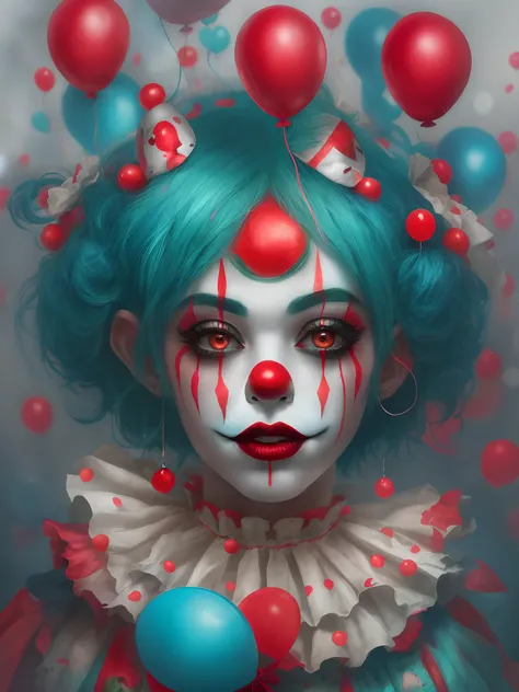 The clown with blue hair and red clown makeup is surrounded by red ...