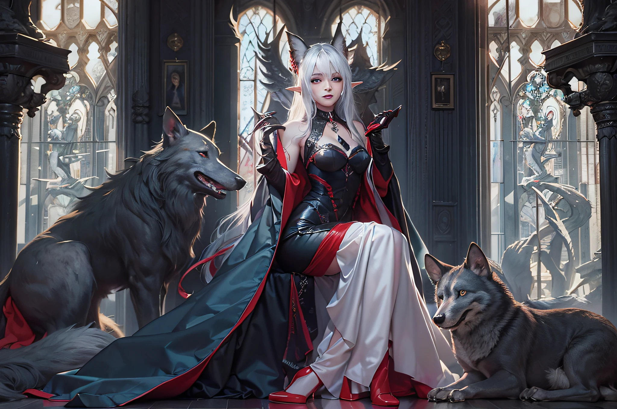 Photo of vampire elf in her castle and her pet wolf, Delicate and beautiful female elf vampire (Ultra detailed, Masterpiece, Best quality), full bodyesbian, hyperdetailed face (Ultra detailed, Masterpiece, Best quality), gray colored skin, blond hairbl, hair in a ponytail, Long hair, Blue eyes, Cold eyes, Glowing eyes, Intense, Small pointed ears with eyes, Smirking, A smile dripping with blood on his face (Ultra detailed, Masterpiece, Best quality), dark red lips, [Vampire fangs], wears a white dress (Ultra detailed, Masterpiece, Best quality), dark  blue cloak, High heeled boots in the dark fantasy library, With a big bad wolf (Masterpiece, Best quality) bookshelves, High details, Best quality, 8K, [Ultra detailed], Masterpiece, Best quality, (Ultra detailed), full bodyesbian, super wide shot, Photorealism, primitive, dark fantasy art, Moonlight shines through the windows, rays of moonlight, Gothic art, Feelings of fear, Sense of seduction