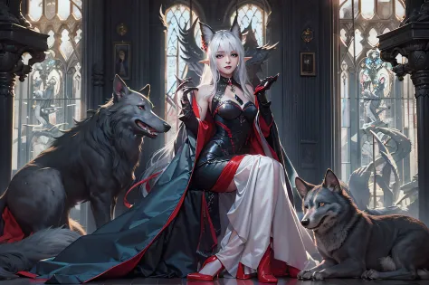 Photo of vampire elf in her castle and her pet wolf, Delicate and beautiful female elf vampire (Ultra detailed, Masterpiece, Bes...