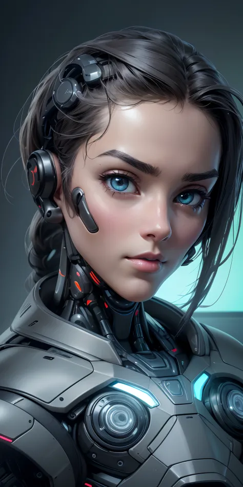 A robot with a human appearance, with well-defined and expressive facial features, such as eyebrows, eyes, nose and mouth. The photo could be taken in a futuristic environment, with neon lights and advanced technology in the background, to convey the idea ...