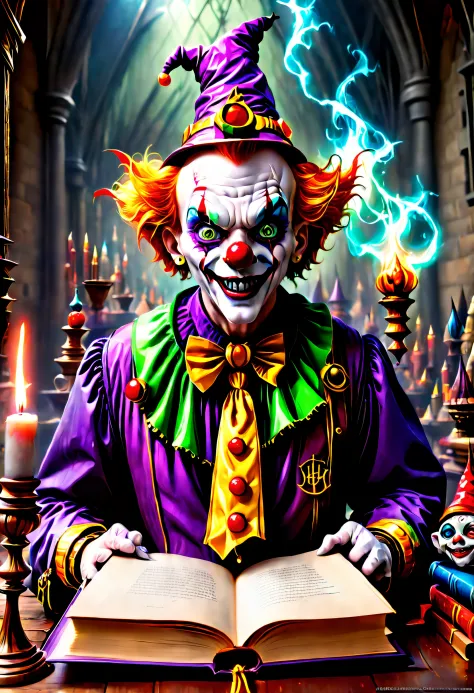 (Best quality, 8K, high resolution, Masterpiece: 1.2), Ultra detailed, (Realistic, Photorealistic, Photorealistic: 1.37), (A clown dressed in Hogwarts School of Witchcraft and Wizardry, The eyes are full of weirdness and evil，In a magical ritual: 1.42), Wi...