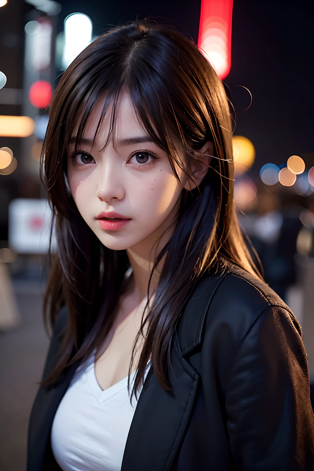 1人の女の子, 東京ストリート,夜, 都市景観,街の明かり, 上半身,閉じる, 8k, RAW写真, 最高品質, 傑作,現実的, photo-現実的,