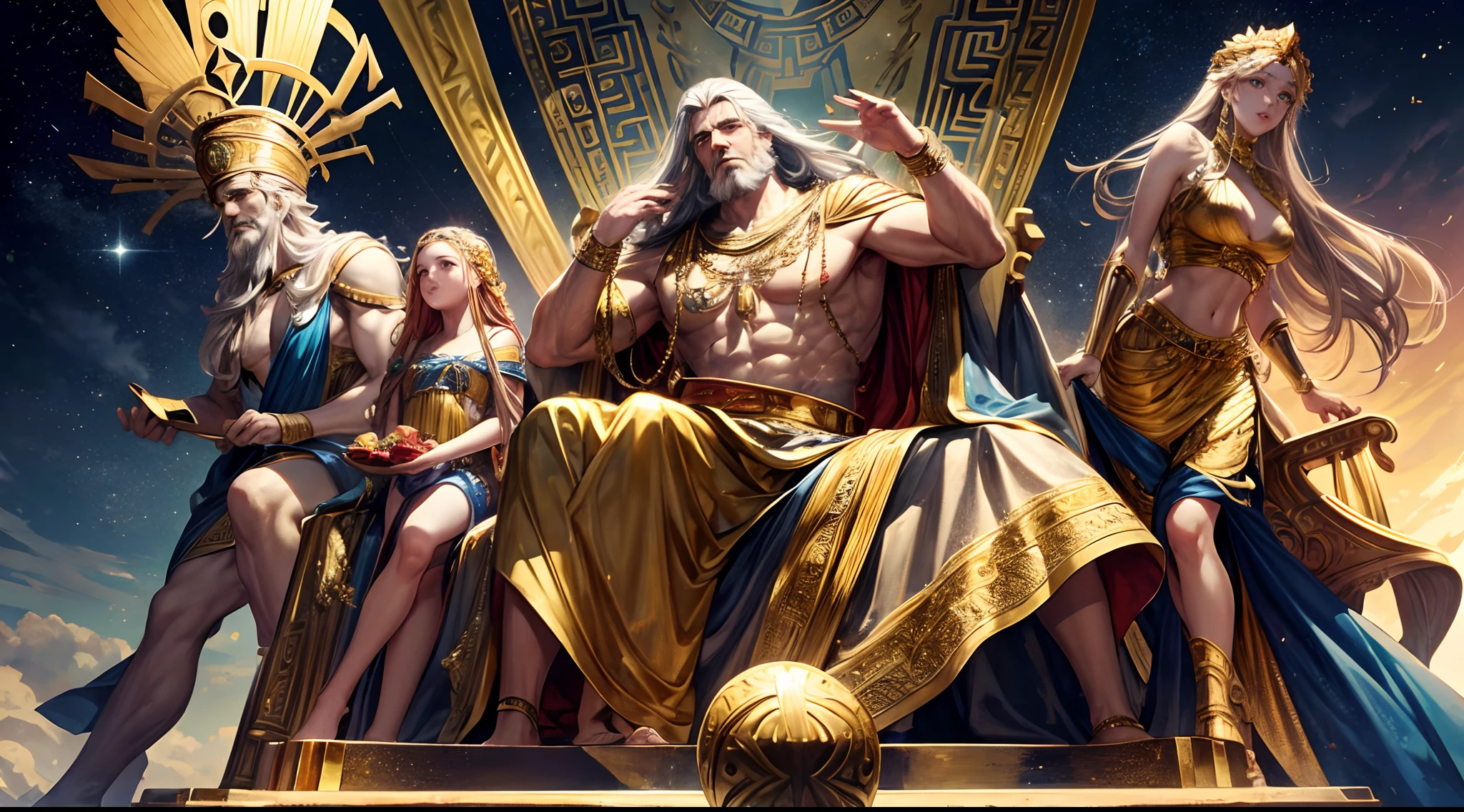 Zeus, the king of the gods in Greek mythology, sits on his throne on Mount Olympus. He is surrounded by his wife, Hera, and his other children. He has a wise expression on his face, and he is clearly contemplating the affairs of the