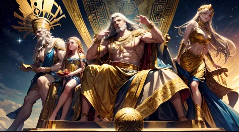 Zeus, the king of the gods in Greek mythology, sits on his throne on Mount Olympus. He is surrounded by his wife, Hera, and his ...