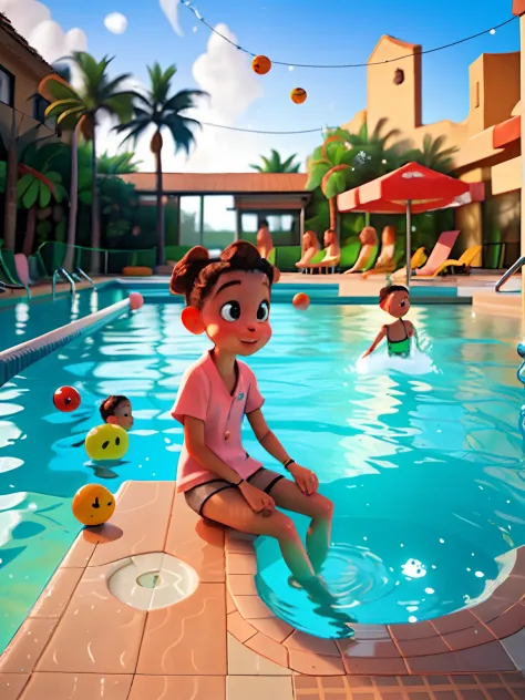 there is a little girl that is sitting in a pool, playing at swiming pool, sitting in the pool, big eye, next to a tropical pool...