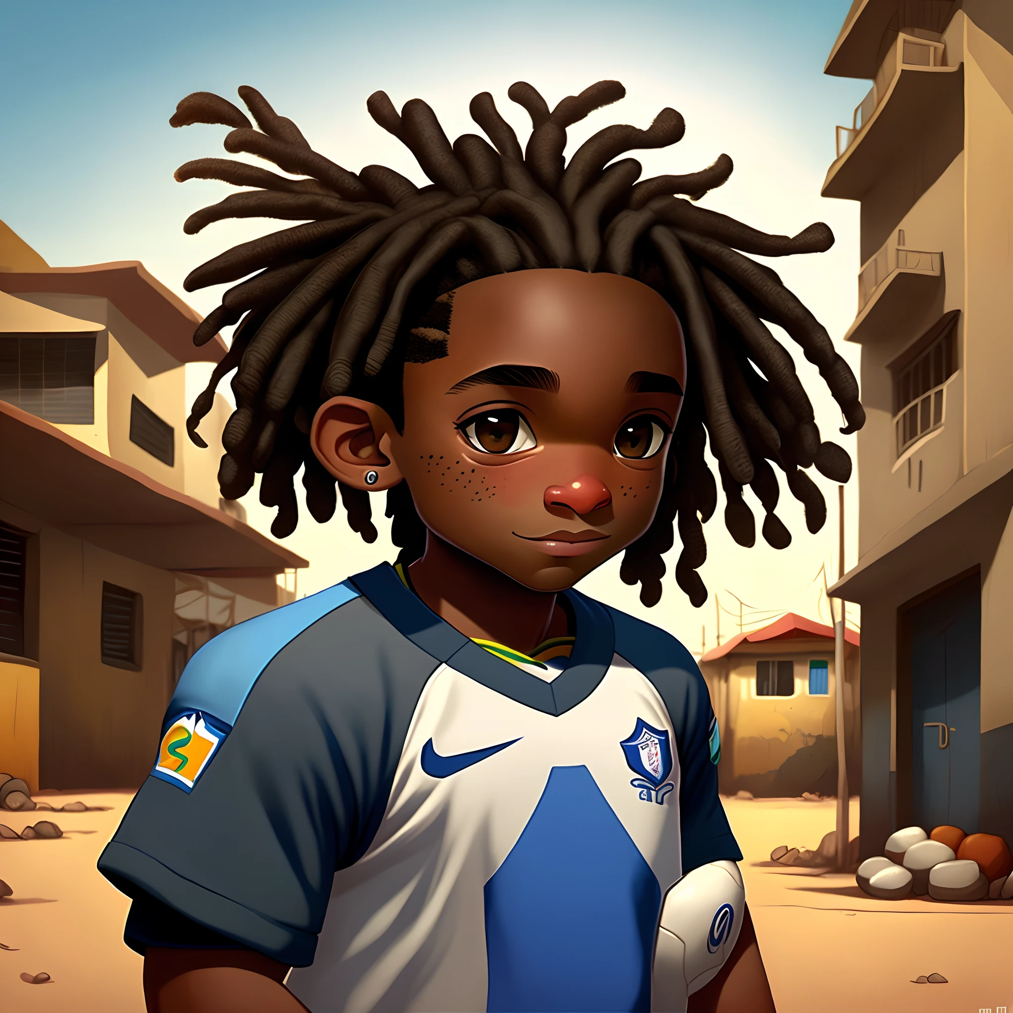 Cartoon of a young boy with dreadlocks standing in a street - SeaArt AI