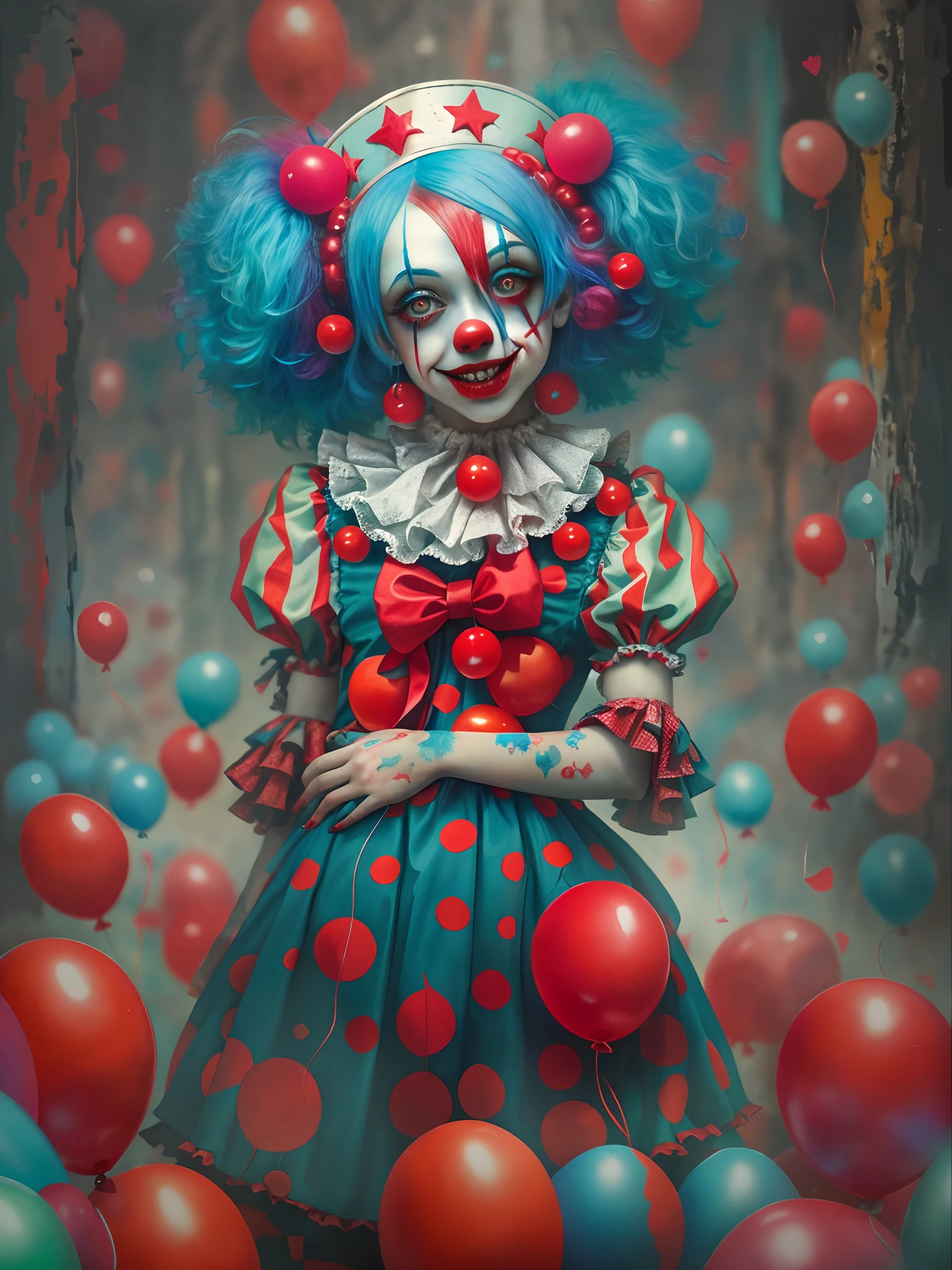 Le clown aux cheveux bleus et au maquillage de clown rouge est entouré de ballons rouges, clowncore mignon, Fille clown effrayante, Clown effrayant, Fille clown, peinture détaillée 4 k, portrait clown de la mort, Gagnant du concours Artstation, fille de clown gothique, DeviantArt Artstation CGScosiety, gagnant du concours cgsociety!!, gagnant du concours cgsociety!!!, y 2 k clowncore mignon
