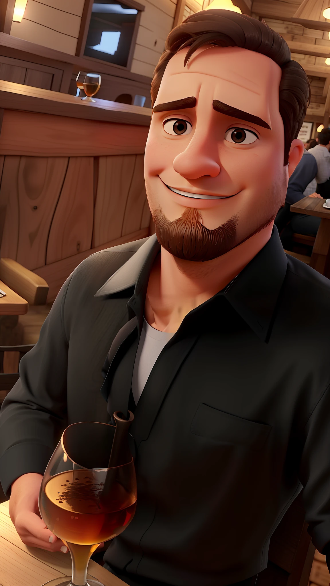 Um homem branco no modelo Disney pixar com alta qualidade, melhor qualidade. Looking 29 years old in a rustic wooden restaurant holding a glass of wine in his hand and wearing a black dress shirt.