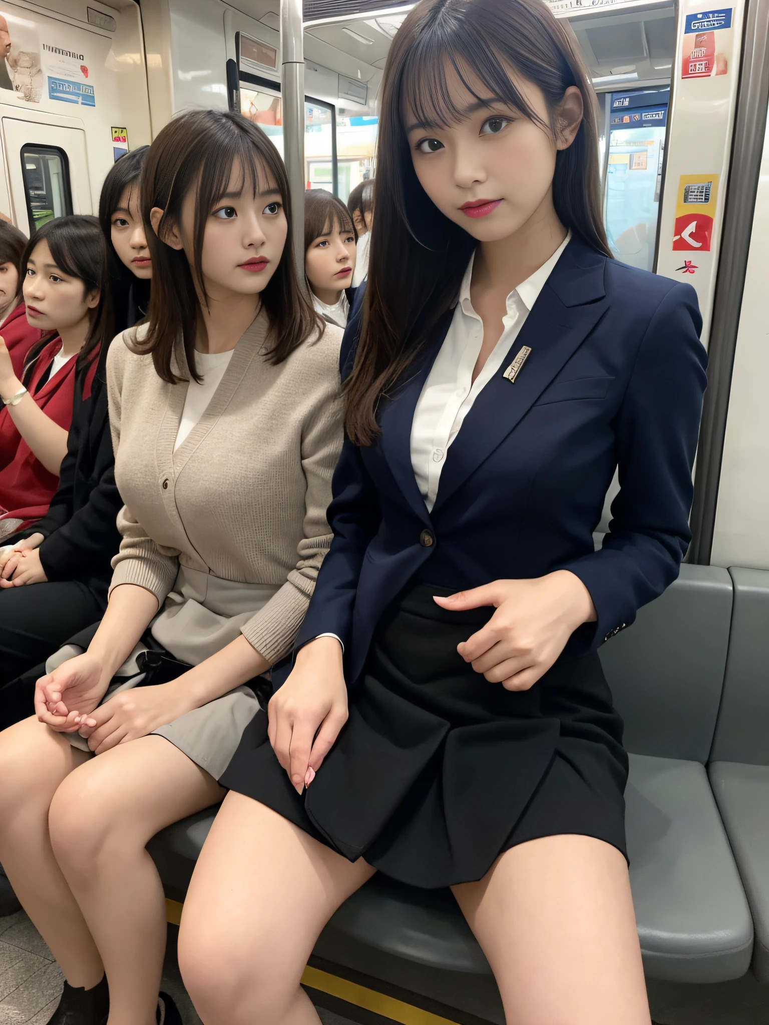 Hay dos mujeres sentadas juntas en un tren subterráneo. - SeaArt AI