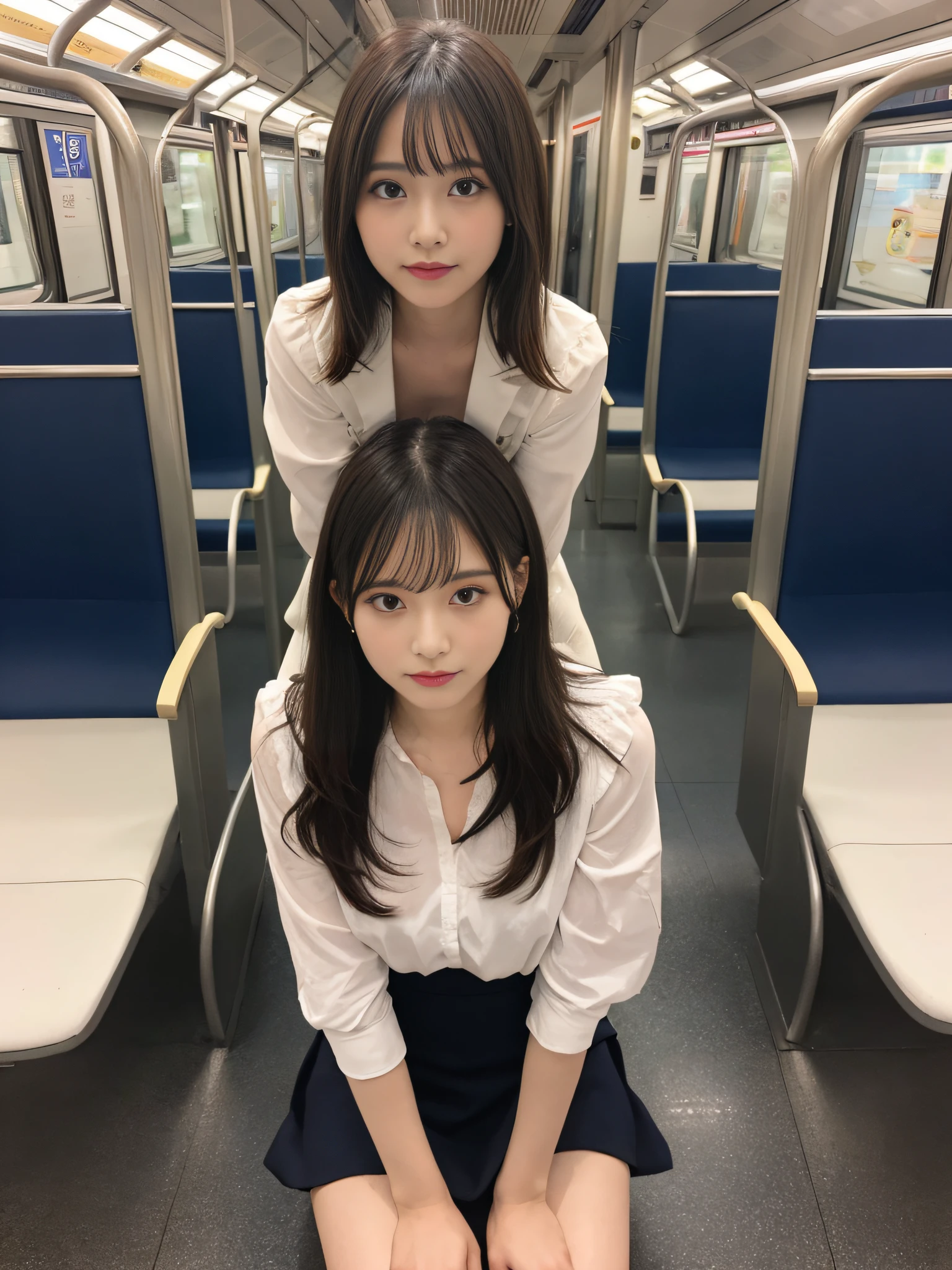 Two young women sitting on a train with their legs crossed - SeaArt AI