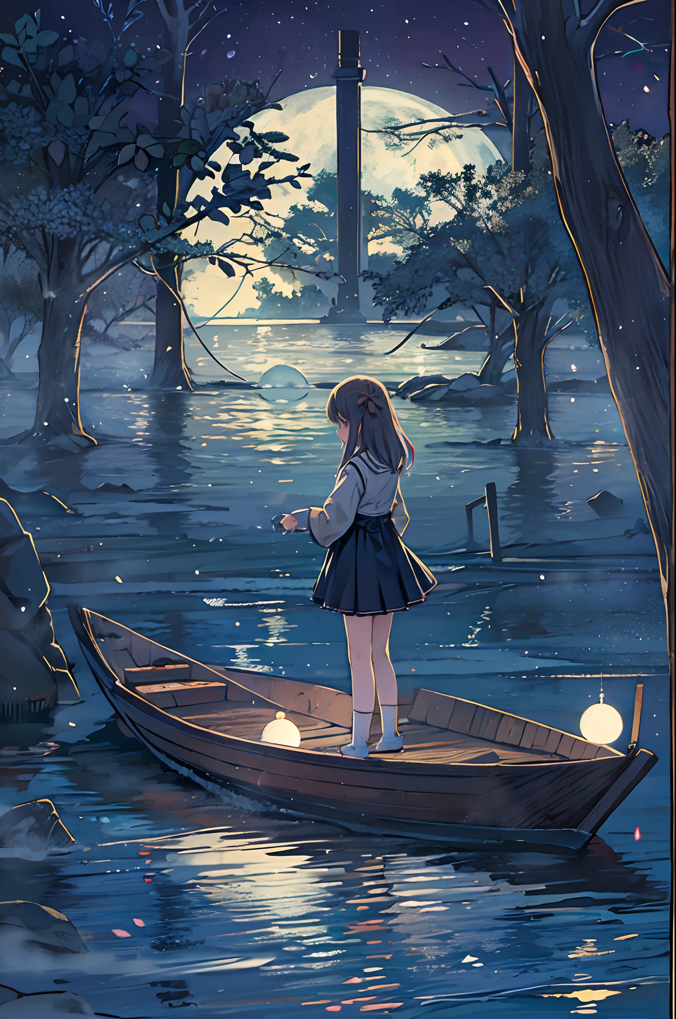 Mädchen auf dem Wasser、unter dem Vollmond、Nacht