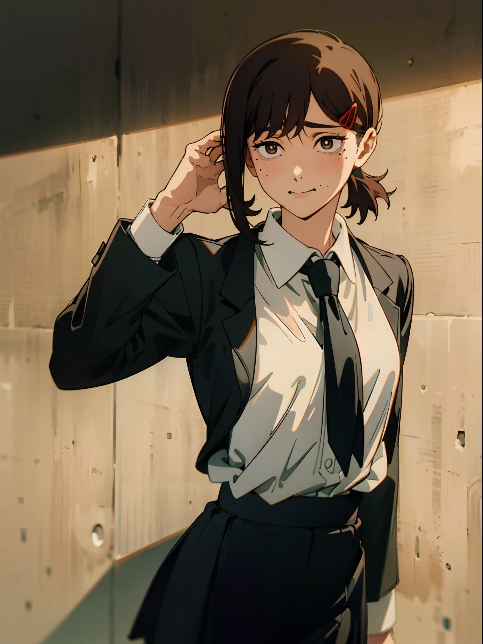 detailed, 8k, detailed shadows, looking at the audience, 1girl, solo, hot , busty , light smile, bulging eyes,  skirt, solo, tie, breasts, jacket, shirt, brown hair, formal, collared shirt, , short hair, gradient background, long sleeves, shadow, gradient, brown eyes , white shirt, suit, black skirt, looking at the audience, a mole at the corner of the eye, bangs, office girl, mole, black jacket, (masterpiece, best quality), facing forward
