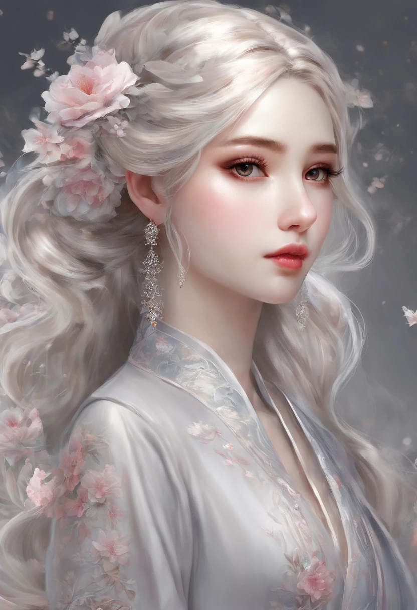 (small girl: 1.5), lace, Love, Hanfu, (masterpiece, side light, Delicate and beautiful gray eyes: 1.2), masterpiece, realist, bright Eyes, shiny hair, DARK hair, Long hair, shiny skin, only, Awkward, Strapless, delicate, beautiful, in the garden, flores, Fluttering petals,