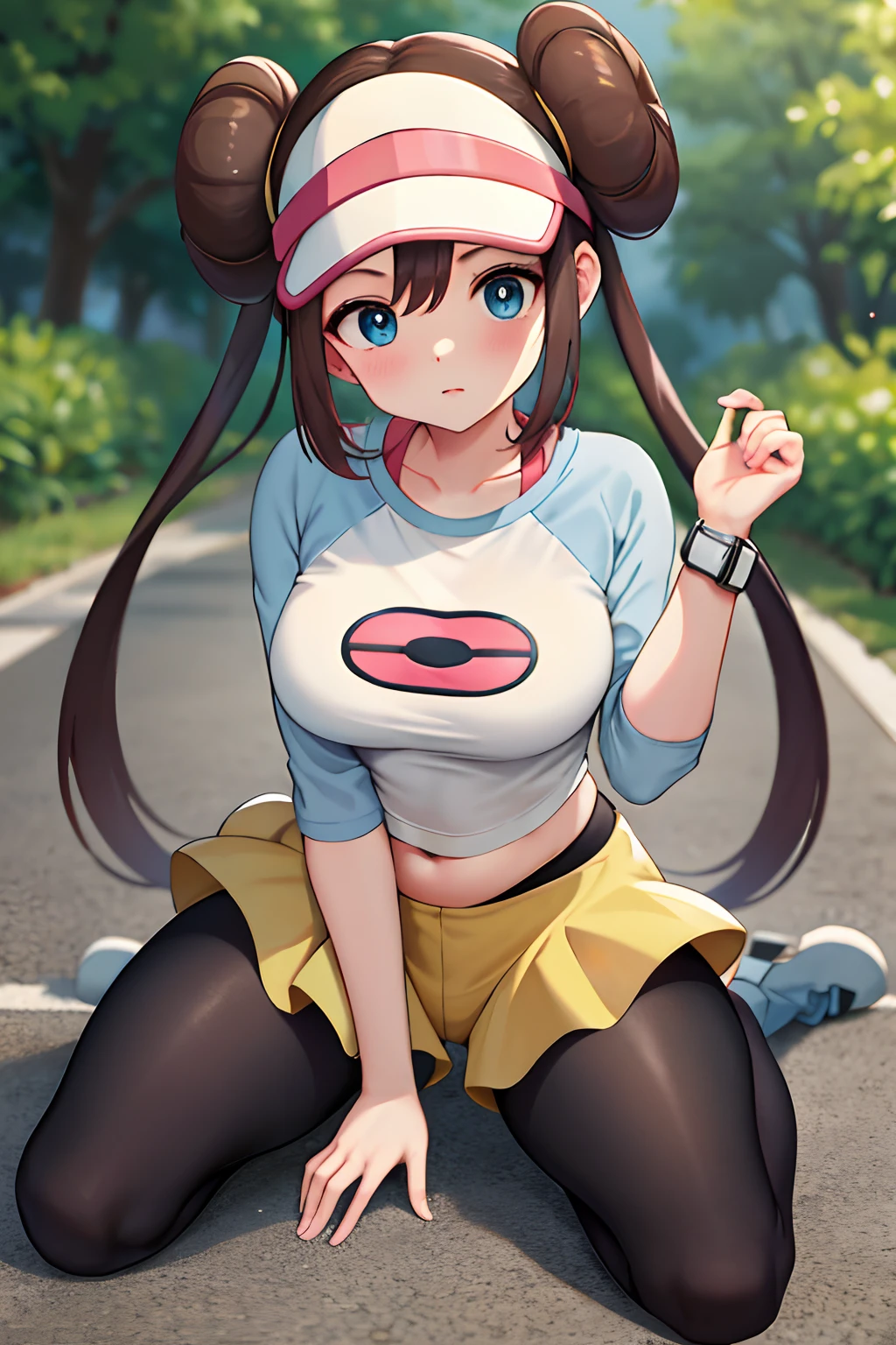 ​masterpiece, top-quality, hight resolution, RO1, Hair buns, blue eyess, Twin-tailed, Visor Cap, panthyhose, raglan sleeves, Yellow shorts, The shirt, Pink ribbon, Watches, Slouched, gym, crouching down, 30 denier soft-touch comfort tights, see -through, crouching down, Open legs, thighs thighs thighs thighs, Attractive thighs,large full breasts、red blush、full body Esbian、appealing breasts、Fluffy clotheetamorphosis、breastsout、teats、sexy tummy、big butts、teats、Large Thigh、Feminine body、Skirt combing、Pants to show、The face you're looking for、Bras to show、sole、Rear view、