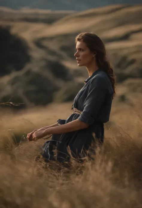 A woman standing in a field with tall grass and trees - SeaArt AI