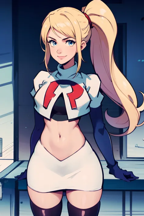 samus aran, ponytail, hair tie, team rocket, team rocket uniform, red letter R, white skirt, white crop top, black thigh-highs, ...