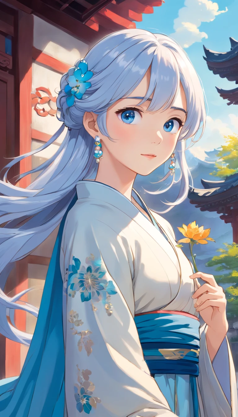 Mature girl, blue eyes, blue-white hair color, floating hair, delicate and flexible eyes, intricate damask Hanfu, gorgeous accessories, wearing pearl earrings, FOV, f/1.8, masterpiece, ancient Chinese architecture, blue sky, flower petals flying, front portrait shot, Chang'e, side lighting, sunlight on people, 8K