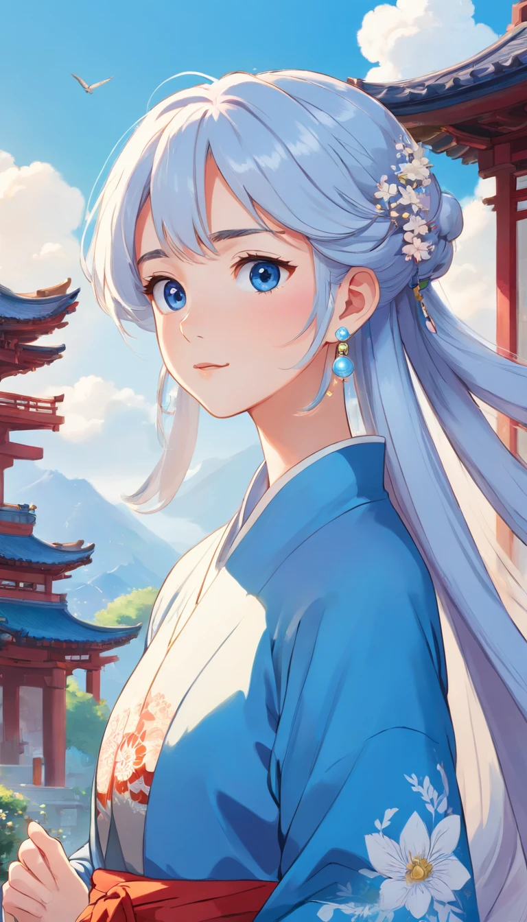 Mature girl, blue eyes, blue-white hair color, floating hair, delicate and flexible eyes, intricate damask Hanfu, gorgeous accessories, wearing pearl earrings, FOV, f/1.8, masterpiece, ancient Chinese architecture, blue sky, flower petals flying, front portrait shot, Chang'e, side lighting, sunlight on people, 8K