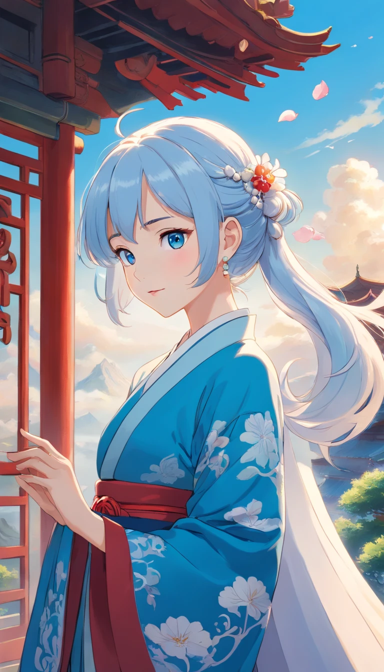 Mature girl, blue eyes, blue-white hair color, floating hair, delicate and flexible eyes, intricate damask Hanfu, gorgeous accessories, wearing pearl earrings, FOV, f/1.8, masterpiece, ancient Chinese architecture, blue sky, flower petals flying, front portrait shot, Chang'e, side lighting, sunlight on people, 8K