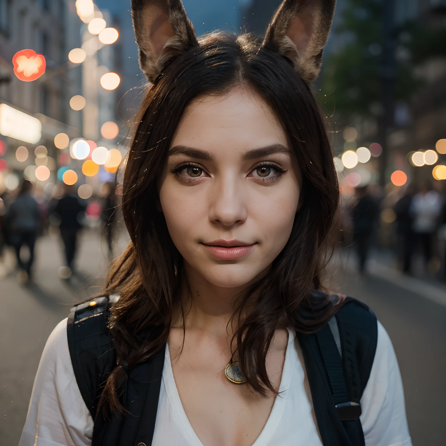 There is a woman with a backpack and a cat ear on her head - SeaArt AI