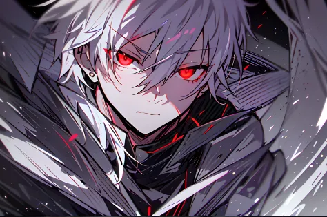 hight resolution,close range、Anime boy with white hair and red eyes staring at camera, Glowing red eyes,slim, dressed in a black...