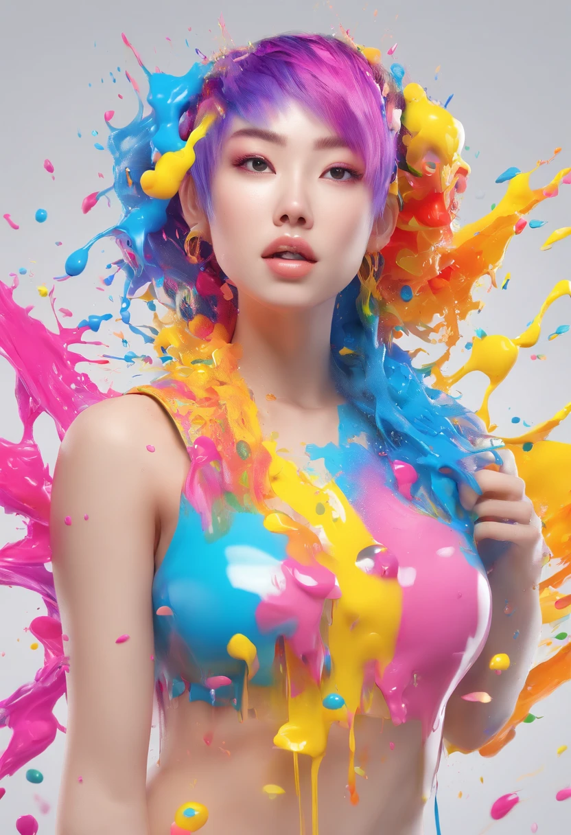 (Meisterwerk, beste Qualität, hohe Auflösung), weißer Hintergrund, ((Farbspritzer, Farbklecks, Tintenspritzer, Farbklecks)), Süßes chinesisches Mädchen, Regenbogenhaar, pinke Lippen, Vorderseite, Oberkörper