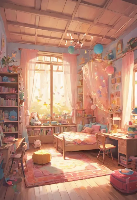 ```
A detailed illustration of a kid's room under soft warm lighting. The room is filled with vibrant colors and playful elements. The main focus is on a cozy bed with colorful bedsheets and fluffy pillows. On the wall, there is a large painting of a whims...