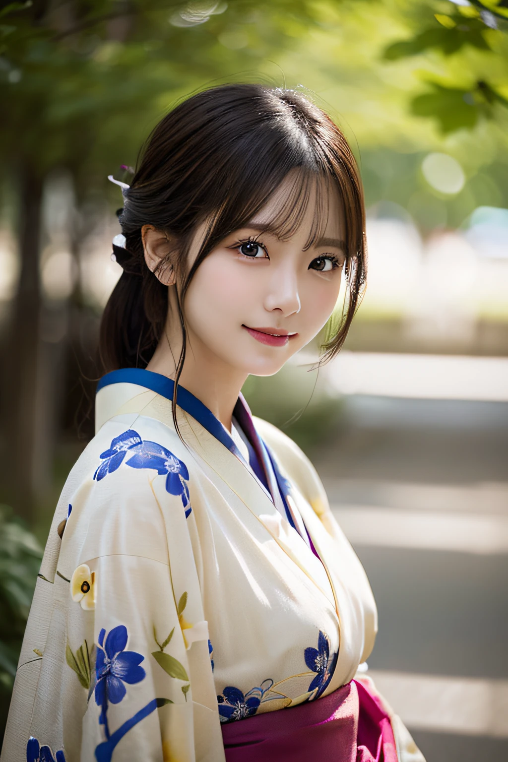 （Kimono）、randome pose、(top-quality,​masterpiece:1.3,超A high resolution,),(ultra-detailliert,Caustics),(Photorealsitic:1.4,RAW shooting,)Ultra-realistic capture,A highly detailed,High resolution 16K human skin close-up、 Skin texture is natural、、The skin looks healthy with an even tone、 Use natural light and color,女の子1人,japanes,22year old,kawaii,A dark-haired,Middle hair, hime_cut, smil,,(depth of fields、chromatic abberation、、Wide range of lighting、Natural Shading、)、Reflection from the waist up、medium breasts⁩