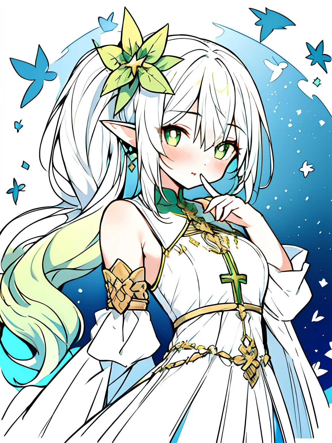 Ultra-detailed,(Best quality),((Masterpiece)),(A high resolution),Original,extremely,Nahida, 1girll,Solo, Pointy ears, Green eyes, dress, multicolored hair, Long hair, Braid, pupils in symbol shapes, White hair, Side ponytail, White dress, Gradient hair, hair adornments, bangs, Green hair, cross-shaped pupils, Blush, hair between eye, Detached sleeves, Sleeveless dress, Bare shoulders, leaf hair ornament, parted lip, White background, Sleeveless, finger to mouth, Hand up, arm behind back, side locks