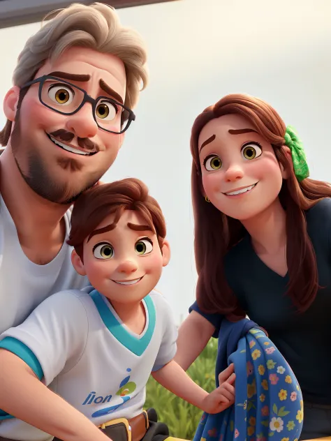 Um homem, A Woman and a 3-Year-Old Child Disney Pixar Style, alta qualidade, melhor qualidade