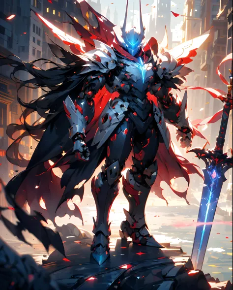 (masterpiece:1.2), best quality,PIXIV,
robot boy,weapon, sword, armor, holding weapon, holding, holding sword, solo, gauntlets, cape, red cape, full armor, helmet, torn cape, male focus, standing, glowing, shoulder armor, red theme, pauldrons, breastplate,...